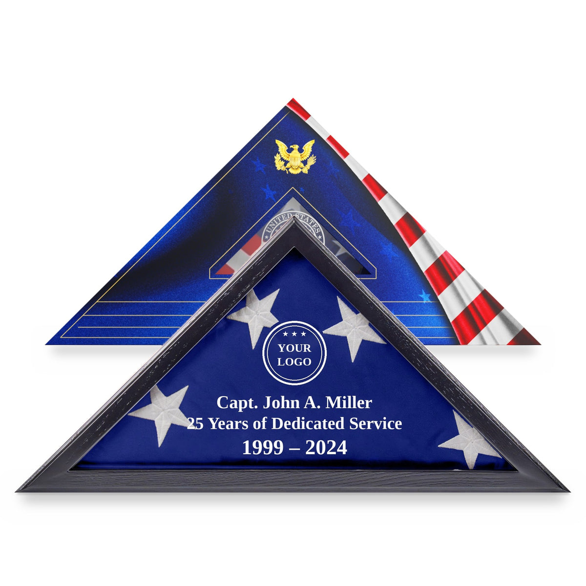 Custom logo flag display case with engraving in Black solid wood, in front of its flag gift box