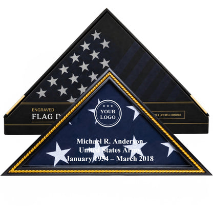 Heritage custom logo flag display case in Black with gold trim