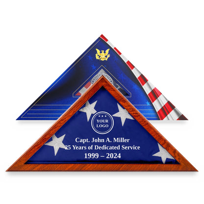 Custom logo flag display case with engraving in Mahogany solid wood, in front of its flag gift box