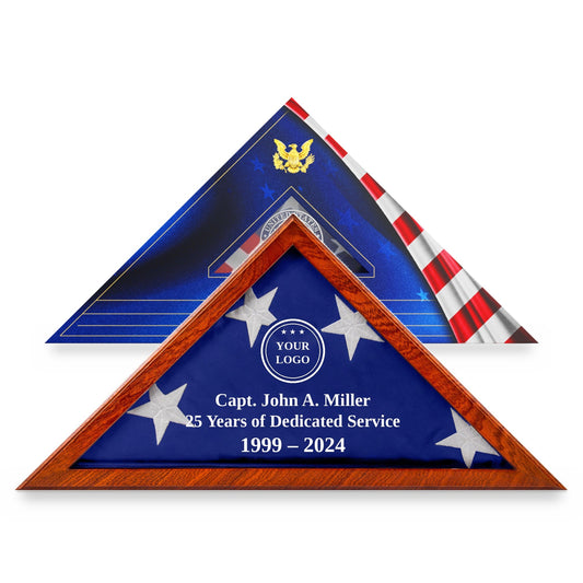 Custom logo flag display case with engraving in Mahogany solid wood, in front of its flag gift box