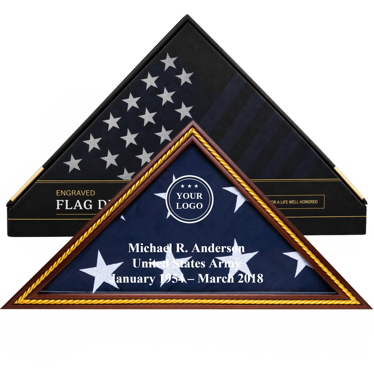 Heritage custom logo flag display case in Mahogany with gold trim