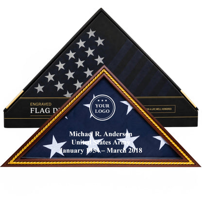 Heritage custom logo flag display case in Mahogany with gold trim