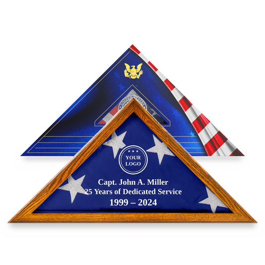 Custom logo flag display case with engraving in Rustic Brown solid wood, in front of its flag gift box