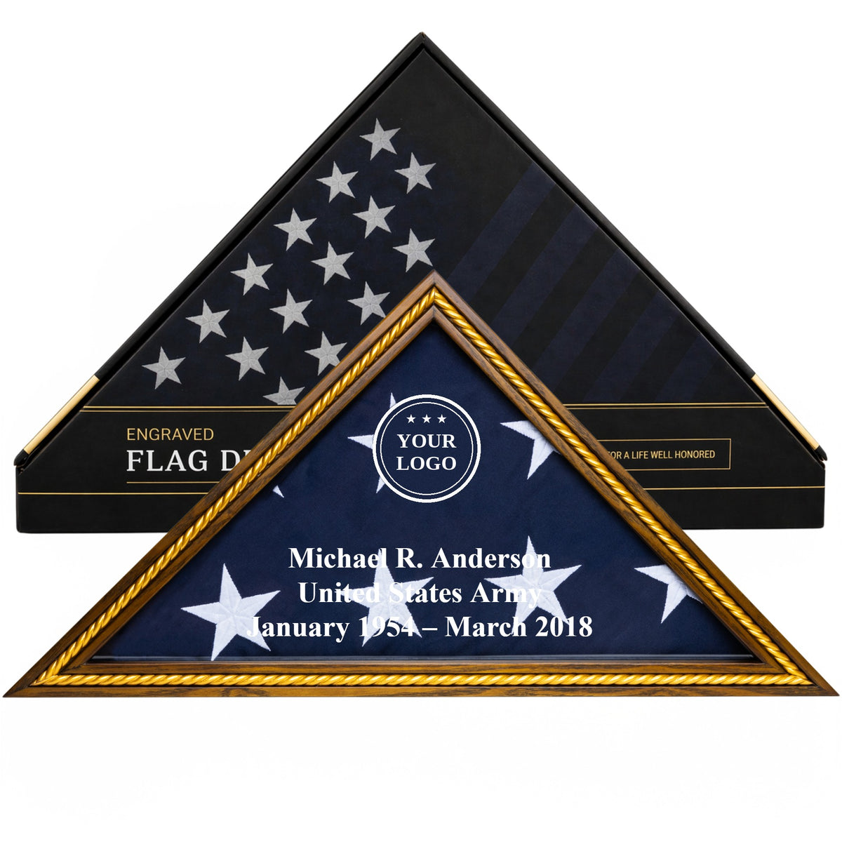 Heritage custom logo flag display case in Rustic Brown with gold trim