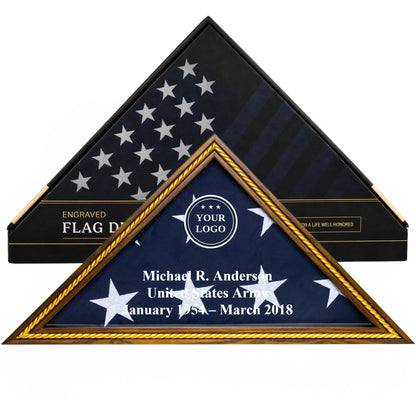 Heritage custom logo flag display case in Rustic Brown with gold trim