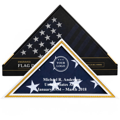 Heritage custom logo flag display case in White with gold trim