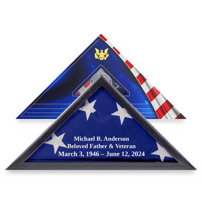 Burial flag display case engraved with name and dates, no logo, in Black solid wood, in front of its flag gift box