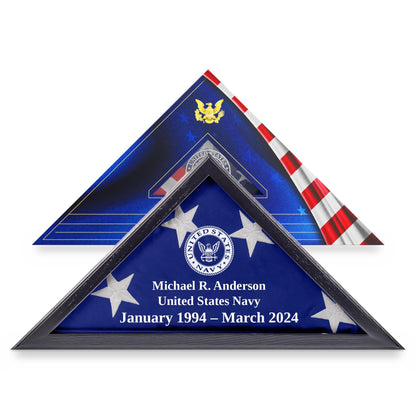 Officially licensed U.S. Navy flag display case with engraving in Black solid wood, in front of its flag gift box