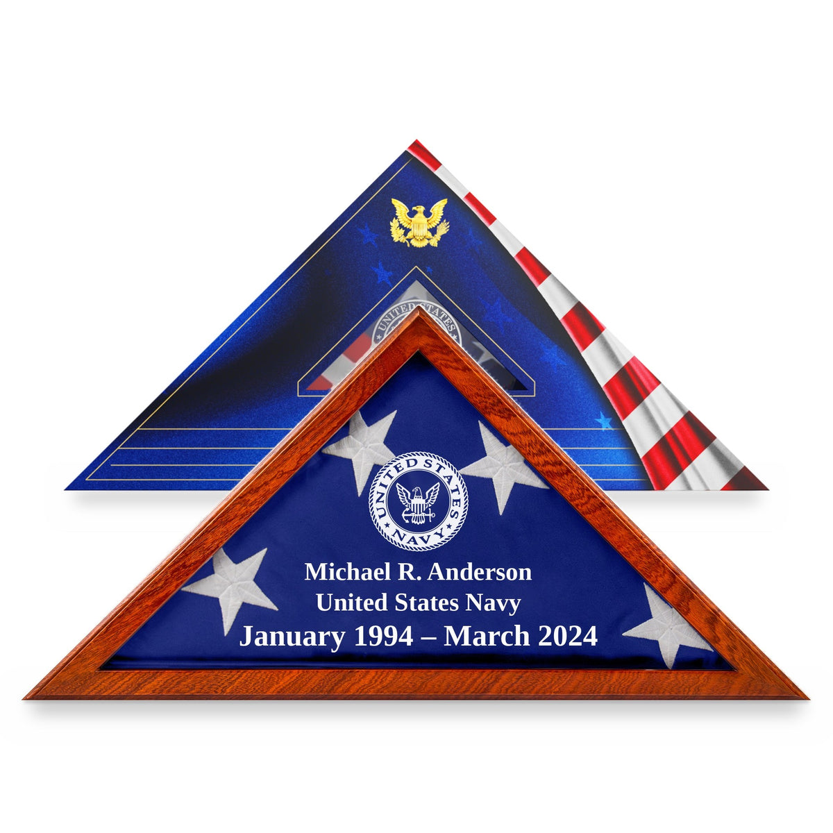 Officially licensed U.S. Navy flag display case with engraving in Mahogany solid wood, in front of its flag gift box