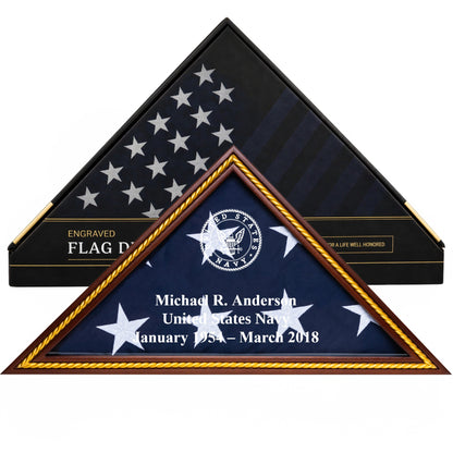 Heritage Navy flag display case in Mahogany with gold trim