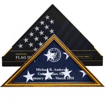 Heritage Navy flag display case in Rustic Brown with gold trim