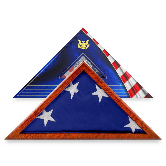 Plain flag display case, no engraving, in Mahogany solid wood, in front of its flag gift box