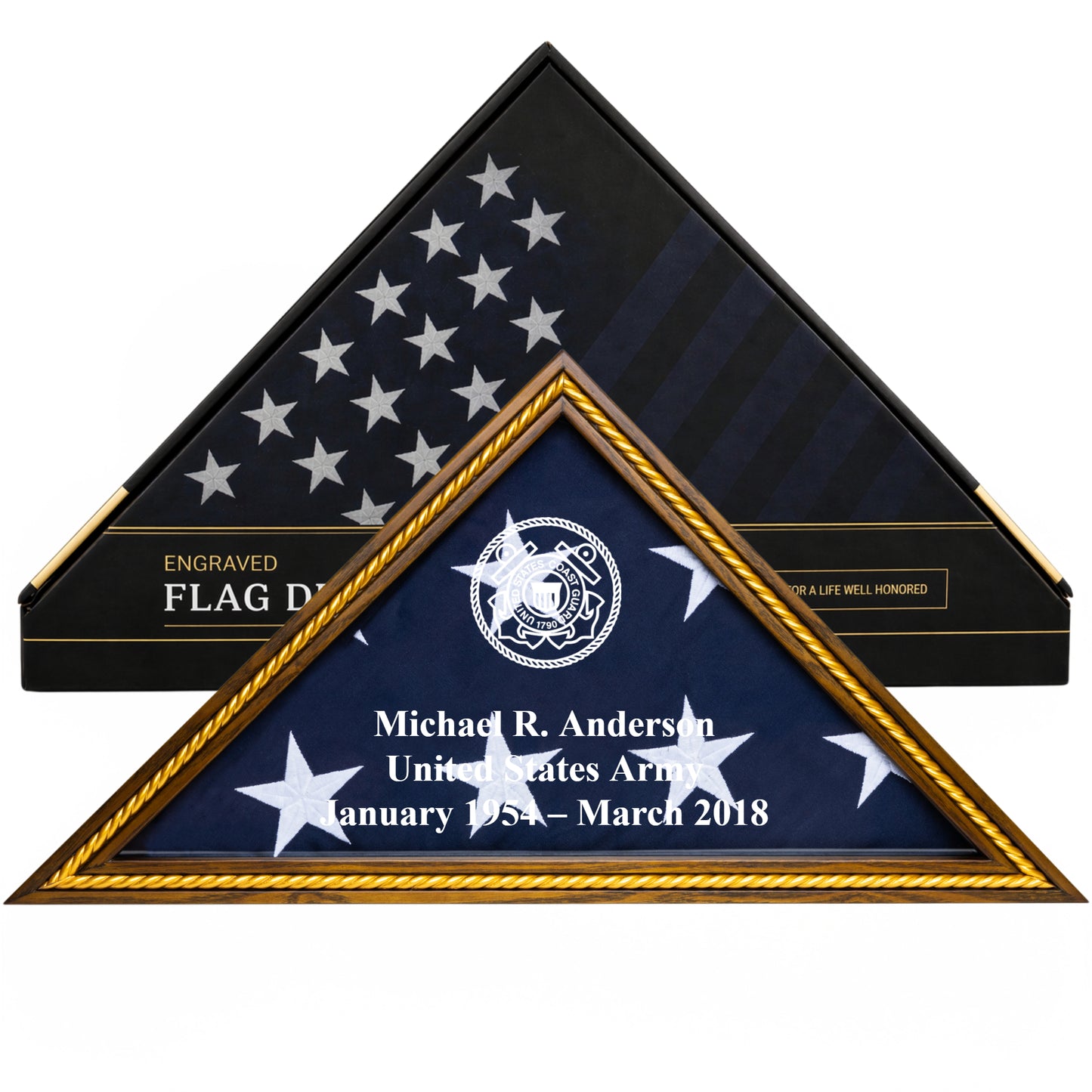 Personalized Coast Guard Flag Display Case with Engraving — Solid Wood Rustic Brown with Gold Trim, Glass Front, Fits 5'x9.5' Flag, Licensed by Army & Navy