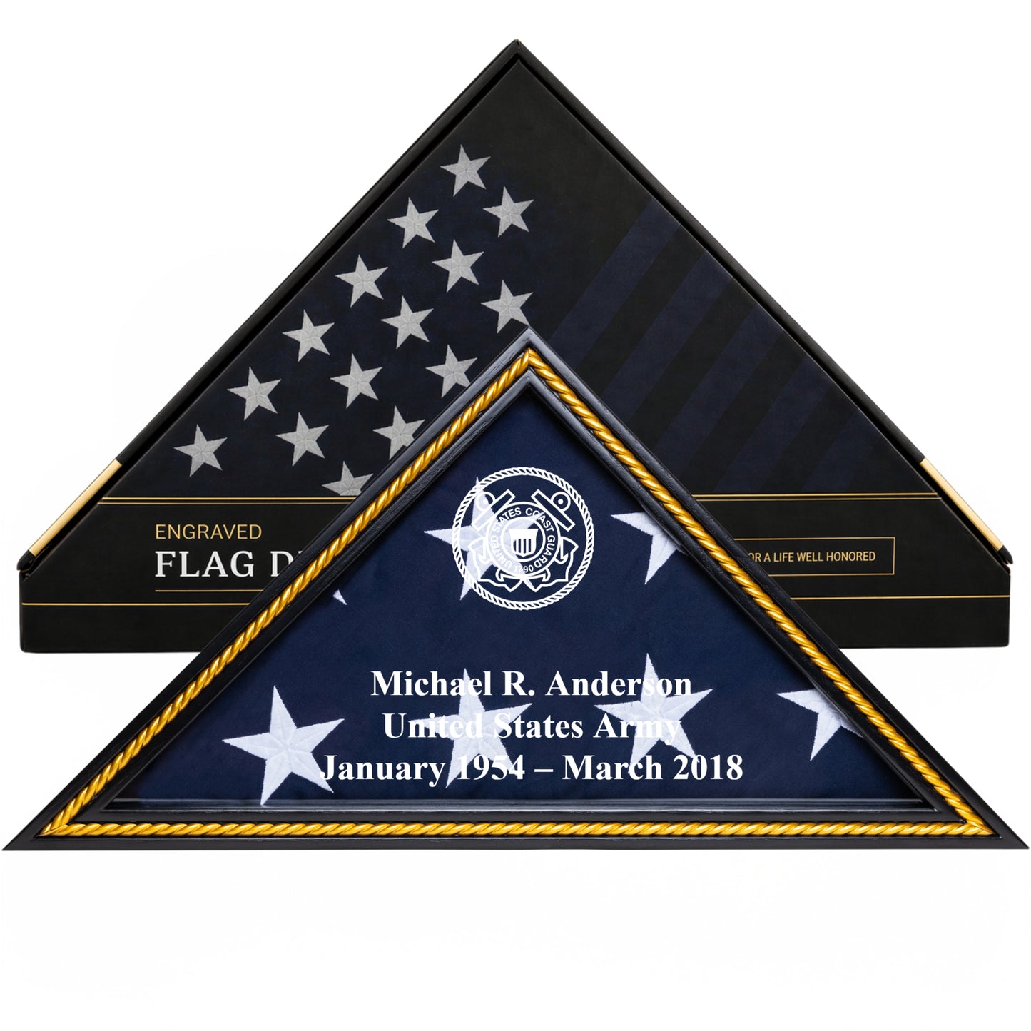 Personalized Coast Guard Flag Display Case with Engraving — Solid Wood Black with Gold Trim, Glass Front, Fits 5'x9.5' Flag, Licensed by Army & Navy