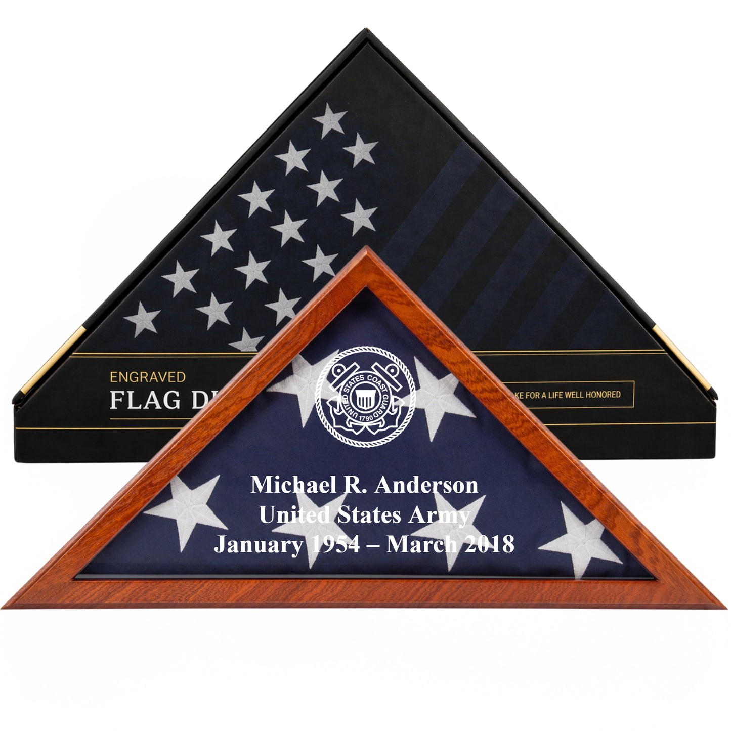 Personalized Coast Guard Flag Display Case with Engraving — Solid Wood Mahogany, Glass Front, Fits 5'x9.5' Flag, Licensed by Army & Navy