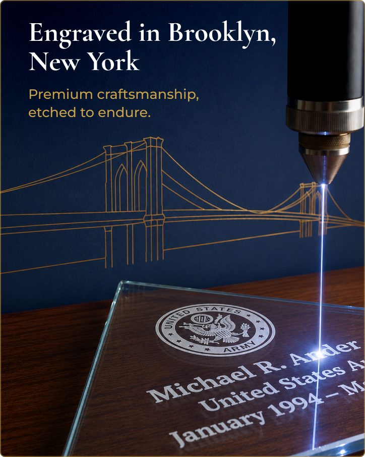 Flag case being laser engraved in Brooklyn, New York