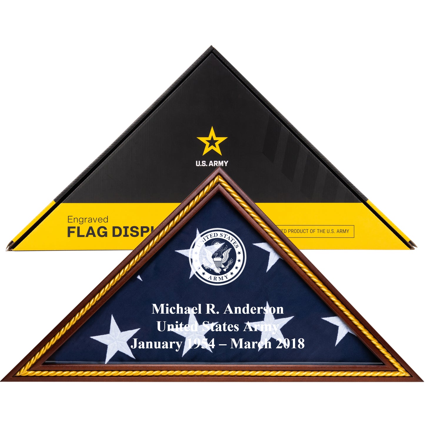 Personalized Army Flag Display Case with Engraving — Officially Licensed by U.S. Army, Solid Wood Mahogany with Gold Trim, Fits 5'x9.5' Flag