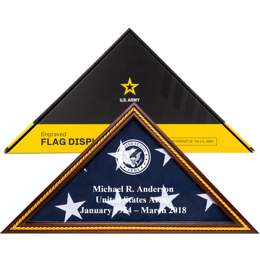 Personalized Army Flag Display Case with Engraving — Officially Licensed by U.S. Army, Solid Wood Mahogany with Gold Trim, Fits 5'x9.5' Flag