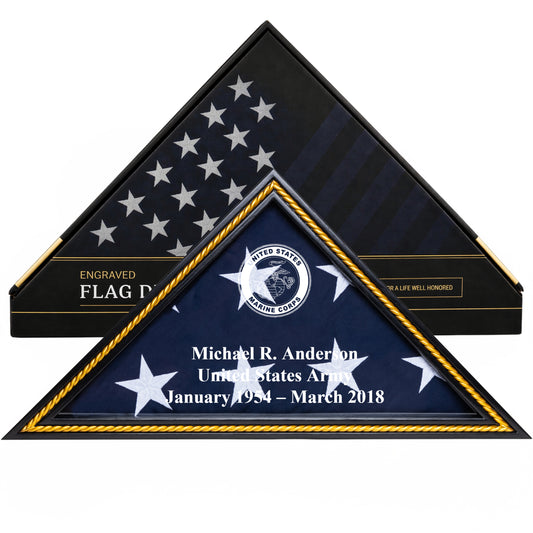 Personalized Marines Flag Display Case with Engraving — Solid Wood Black with Gold Trim, Glass Front, Fits 5'x9.5' Flag, Licensed by Army & Navy