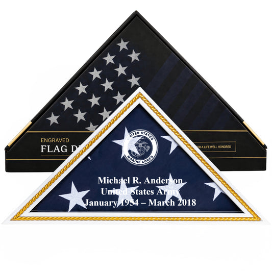 Personalized Marines Flag Display Case with Engraving — Solid Wood White with Gold Trim, Glass Front, Fits 5'x9.5' Flag, Licensed by Army & Navy