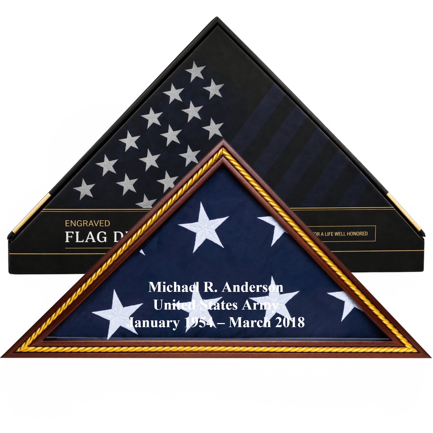 Personalized Flag Display Case with Custom Name Engraving — Solid Wood Mahogany with Gold Trim, Glass Front, Fits 5'x9.5' American Flag