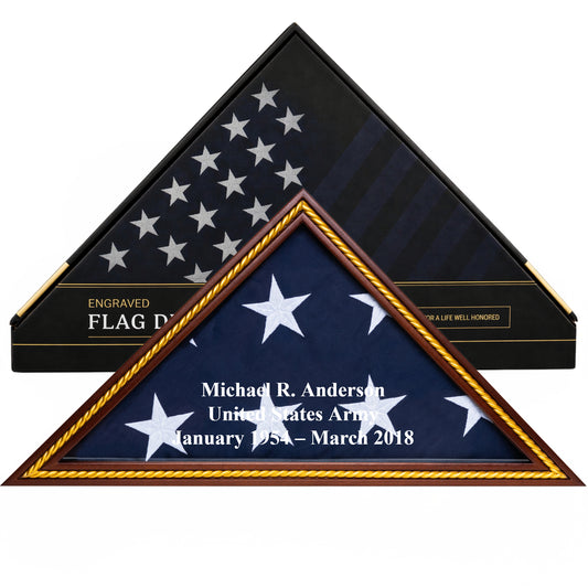 Personalized Flag Display Case with Custom Name Engraving — Solid Wood Mahogany with Gold Trim, Glass Front, Fits 5'x9.5' American Flag