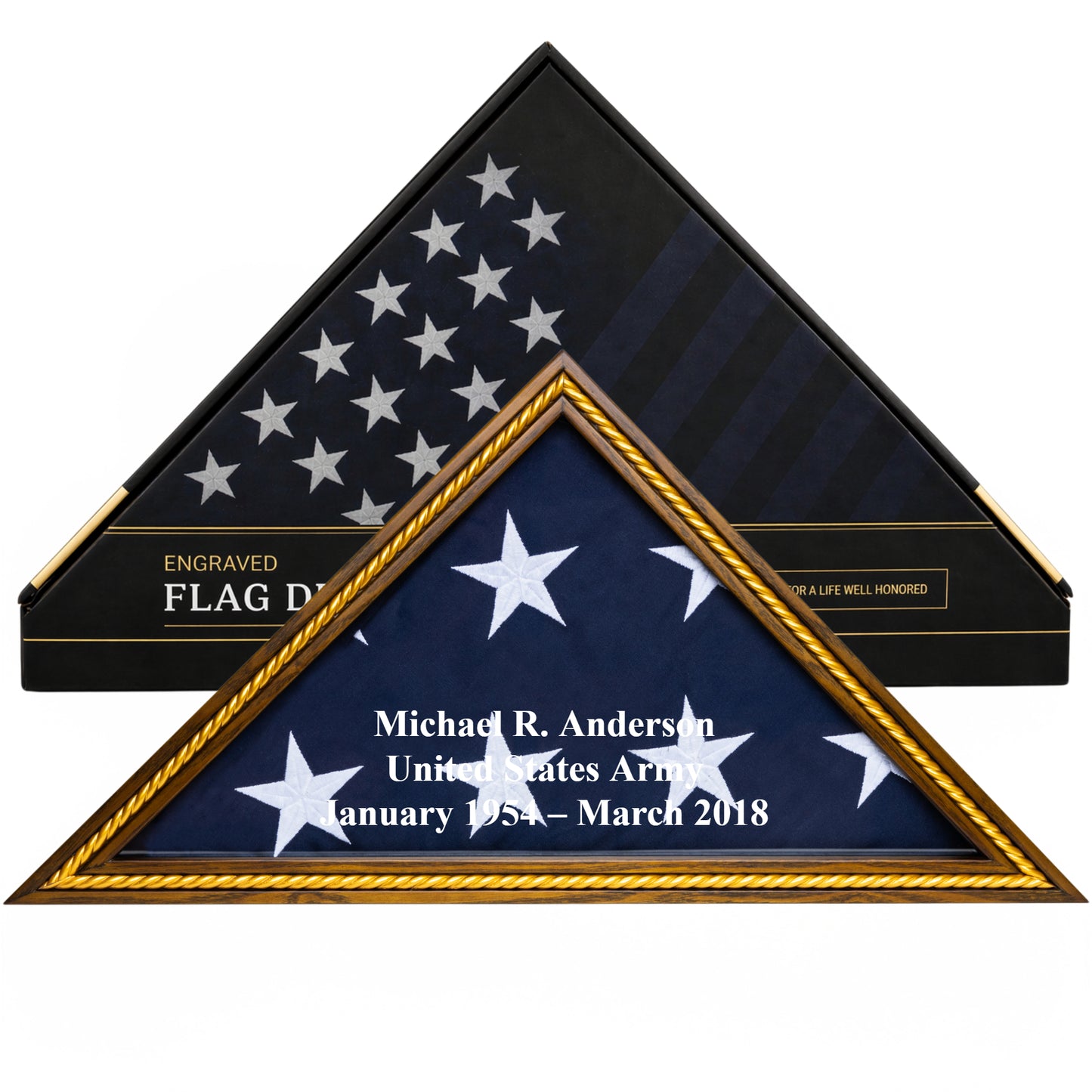 Personalized Flag Display Case with Custom Name Engraving — Solid Wood Rustic Brown with Gold Trim, Glass Front, Fits 5'x9.5' American Flag