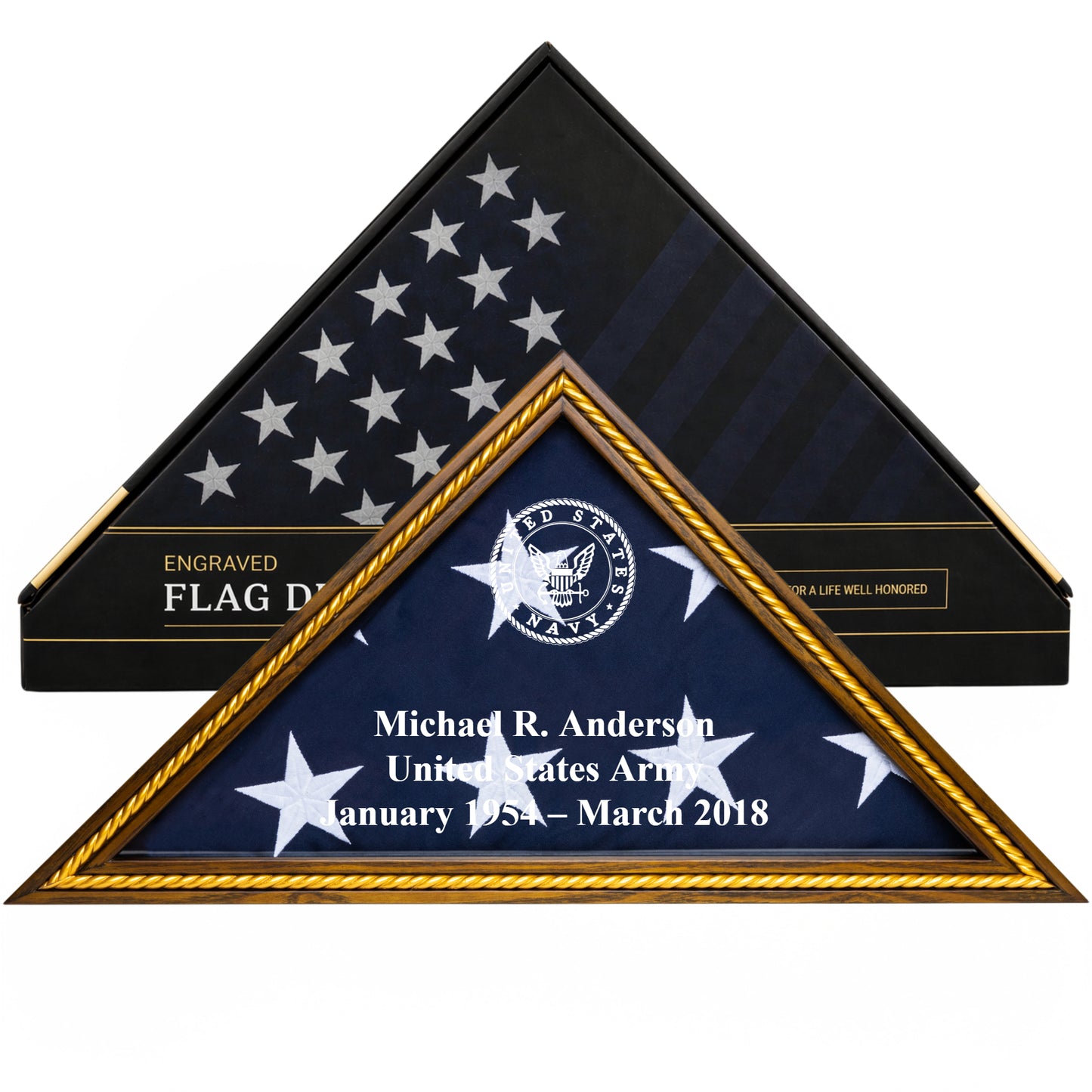 Personalized Navy Flag Display Case with Engraving — Officially Licensed by U.S. Navy, Solid Wood Rustic Brown with Gold Trim, Fits 5'x9.5' Flag