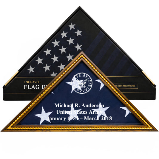 Personalized Navy Flag Display Case with Engraving — Officially Licensed by U.S. Navy, Solid Wood Rustic Brown with Gold Trim, Fits 5'x9.5' Flag