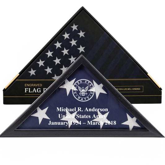 Personalized Navy Flag Display Case with Engraving — Officially Licensed by U.S. Navy, Solid Wood Black, Fits 5'x9.5' Flag