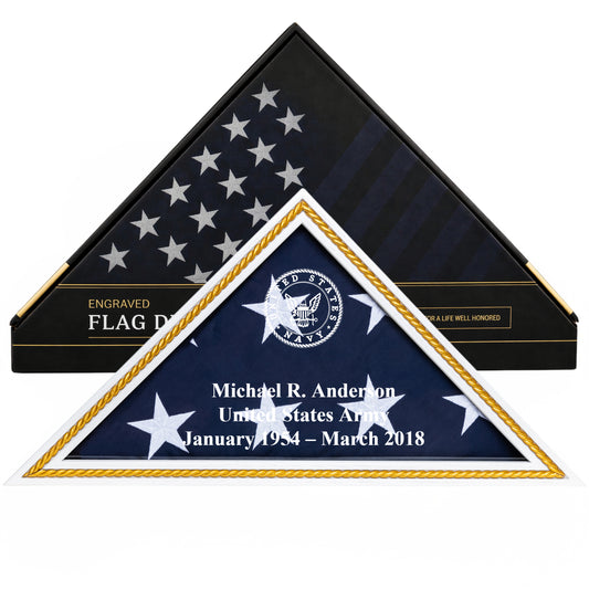 Personalized Navy Flag Display Case with Engraving — Officially Licensed by U.S. Navy, Solid Wood White with Gold Trim, Fits 5'x9.5' Flag