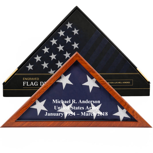 Personalized Flag Display Case with Custom Name Engraving — Solid Wood Mahogany, Glass Front, Fits 5'x9.5' American Flag