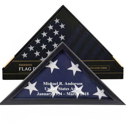 Personalized Flag Display Case — Custom Engraved, Real Glass (Mahogany, Rustic Brown, Black, White), Glass Front, Fits 5'x9.5' Burial Flag