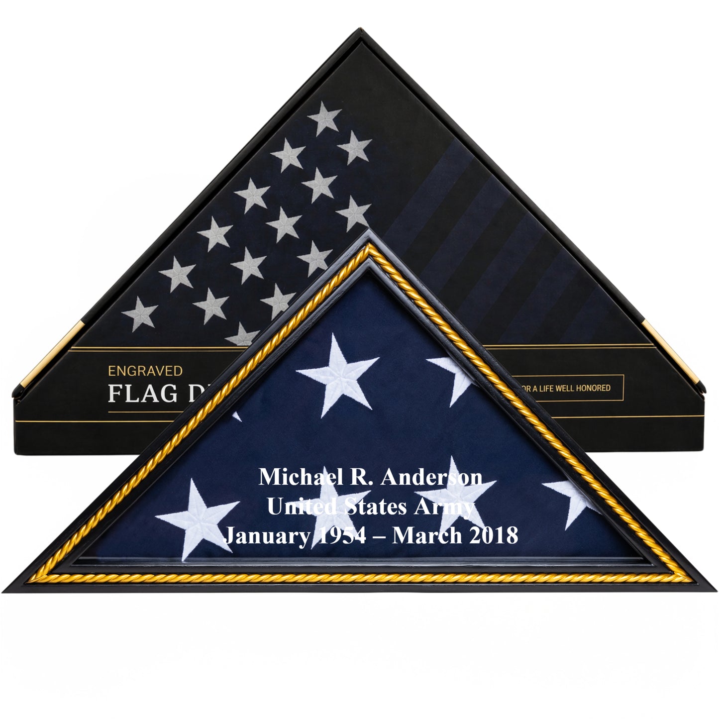 Personalized Flag Display Case with Custom Name Engraving — Solid Wood Black with Gold Trim, Glass Front, Fits 5'x9.5' American Flag