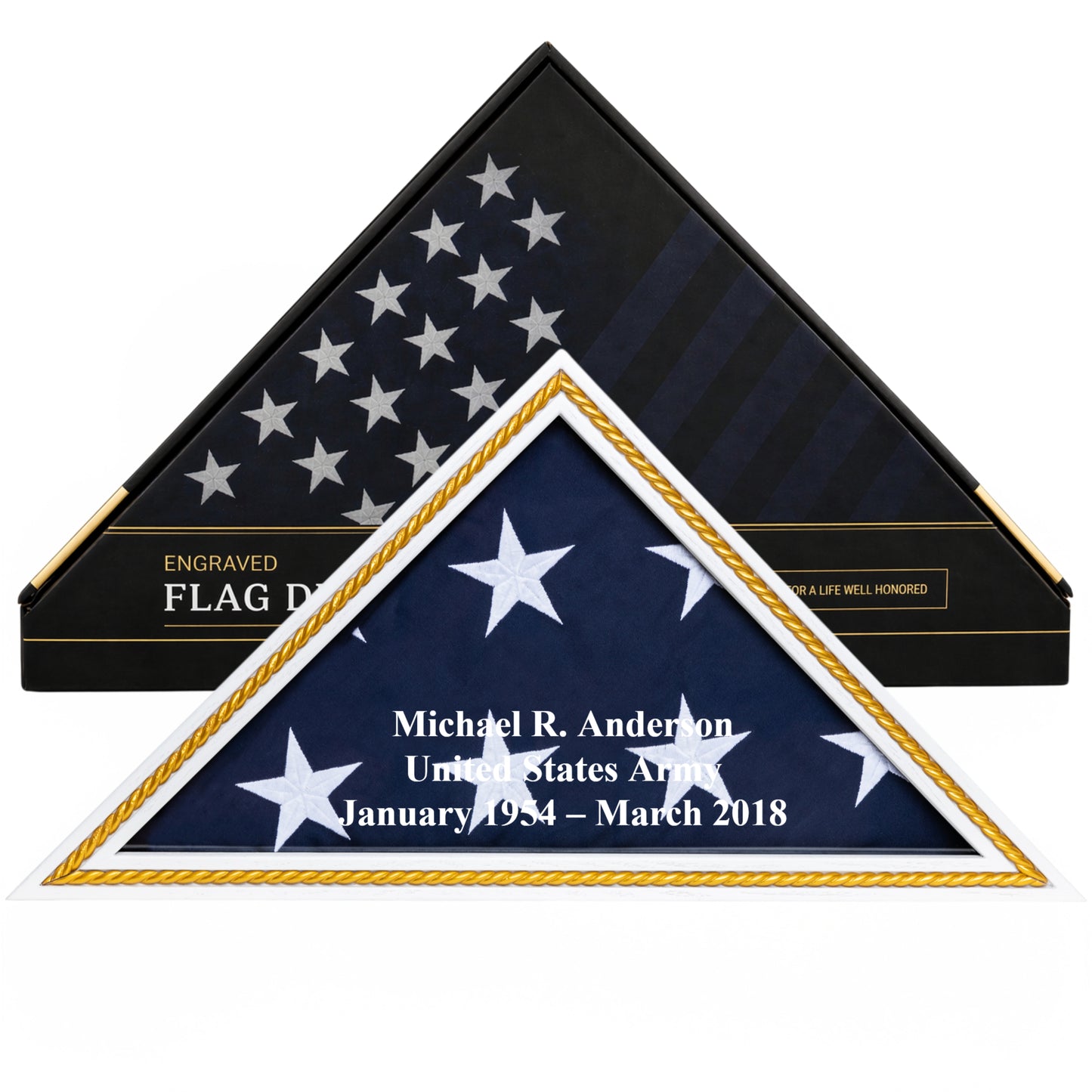 Personalized Flag Display Case with Custom Name Engraving — Solid Wood White with Gold Trim, Glass Front, Fits 5'x9.5' American Flag