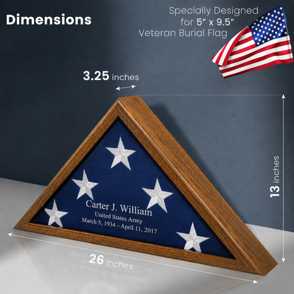 Personalized Flag Display Case with Custom Name Engraving — Solid Wood Rustic Brown, Glass Front, Fits 5'x9.5' American Flag
