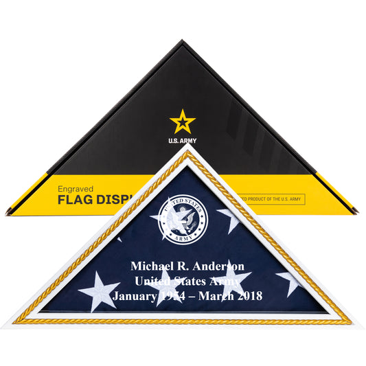 Personalized Army Flag Display Case with Engraving — Officially Licensed by U.S. Army, Solid Wood White with Gold Trim, Fits 5'x9.5' Flag